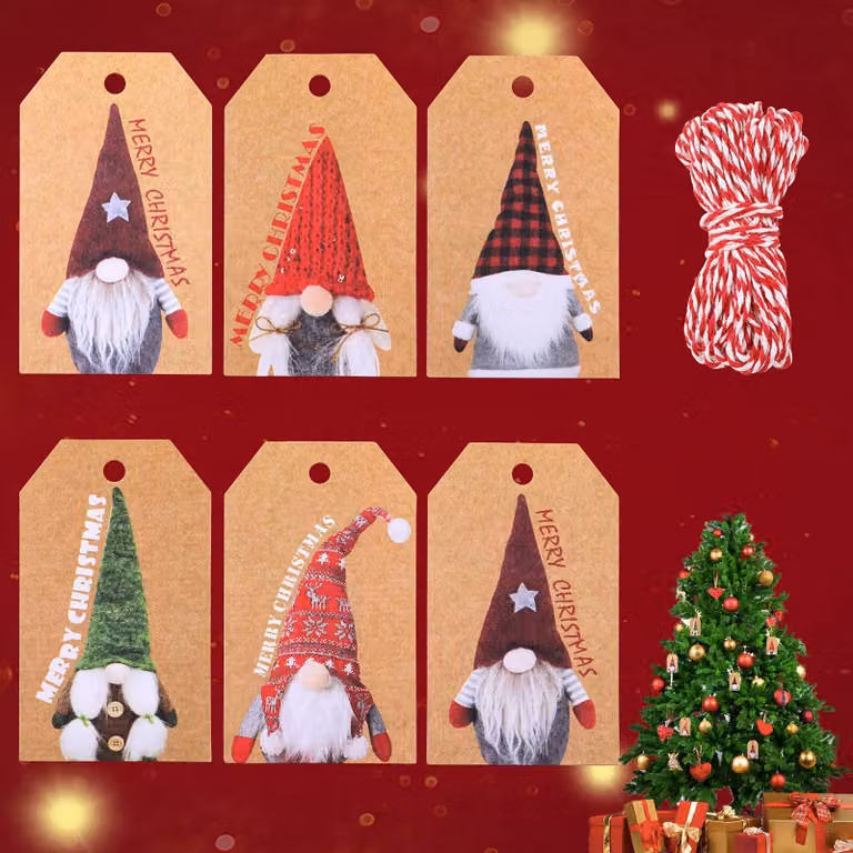 300 etichette regalo in carta kraft con cordoncino, con motivi natalizi