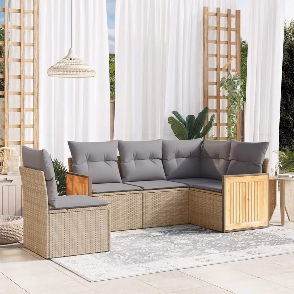 vidaXL Set Divano da Giardino a L 5 pz con Cuscini Beige e Struttura in Acciaio e Legno di Acacia – 1