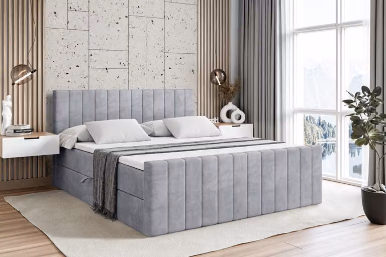 Letto boxspring ALTDECOR con pediera, materasso H3 e topper - 200x200 cm - EDITA-Z - Velluto grigio chiaro - Letto imbottito con contenitore e rete a doghe, letto con spazio contenitivo