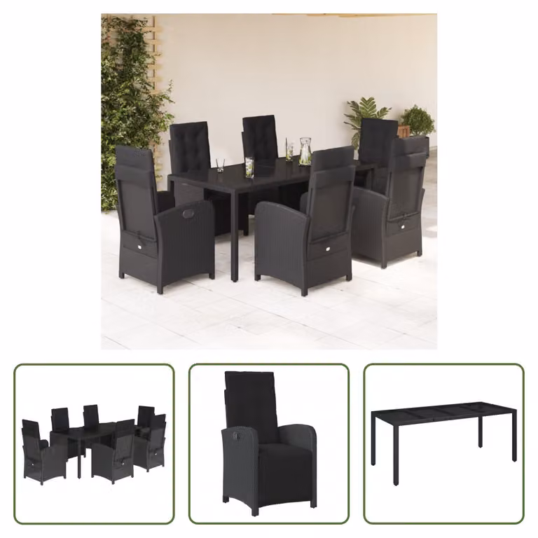 The Living Store Set da pranzo da giardino 7 pezzi con cuscini in polirattan nero