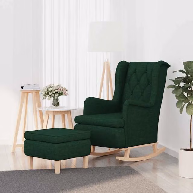 Divano Sedia-Poltrona con Gambe a Dondolo e Sgabello Verde Scuro in Tessuto