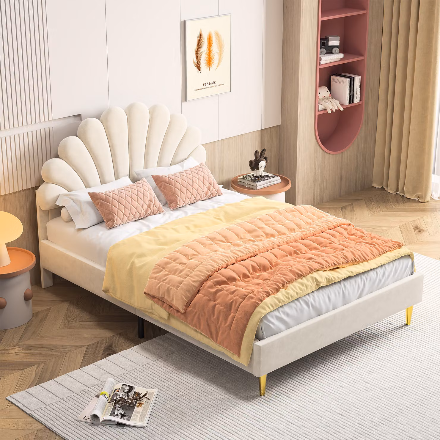 ProximaX Letto imbottito 140x200 cm - Letto matrimoniale con testiera floreale e rete a doghe - Velluto - Beige