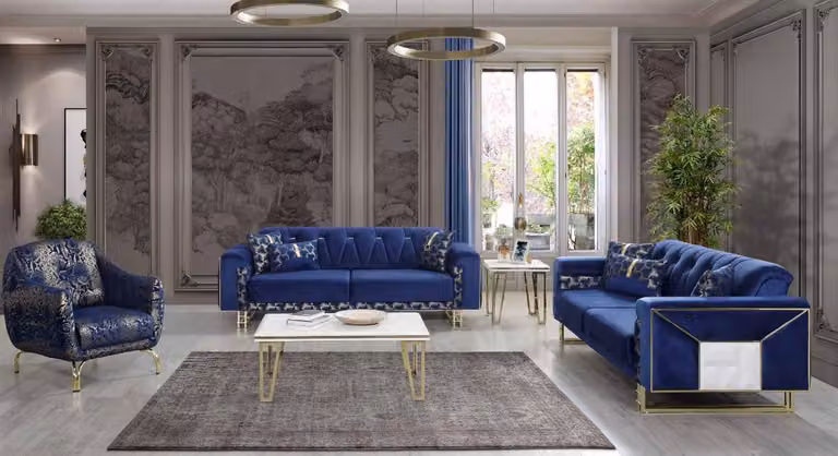 Luxus Blaue Sofagarnitur Designer Dreisitzer Couchtisch Beistelltisch