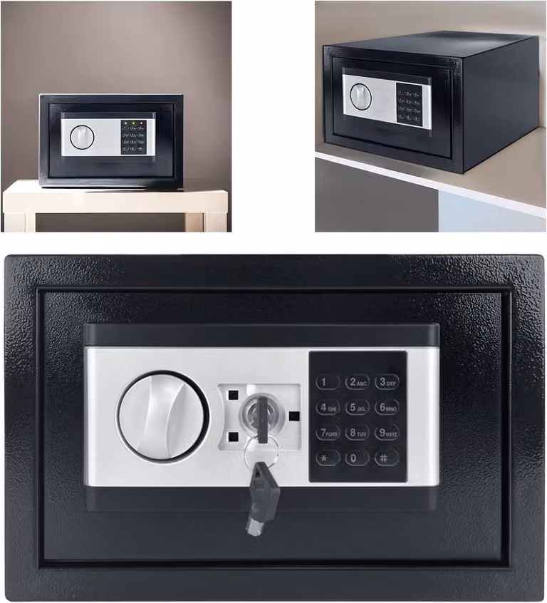 QEENTOE Cassaforte da parete elettronica, capacità 22 litri, cassaforte da mobile, portafogli, resistente al fuoco e all'acqua, con serratura a combinazione numerica e chiave, dimensioni 35x25x25 cm