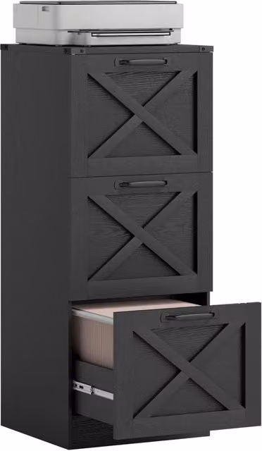 Caisson de Bureau avec 3 Tiroirs, Dossiers Suspendus pour Formats Lettre/A4, Style Rustique, 40x40x101cm, Noir