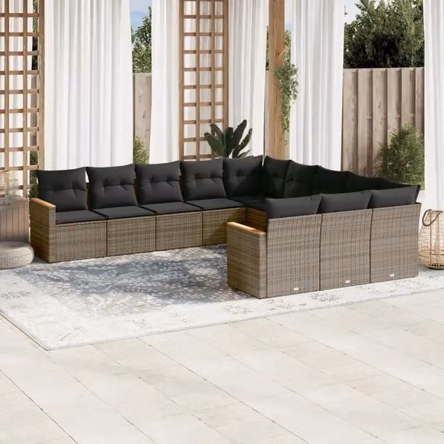 Set di Divani da Giardino VIDAXL in Polyrattan Grigio con Cuscini, Modello a L composto da 11 Pezzi
