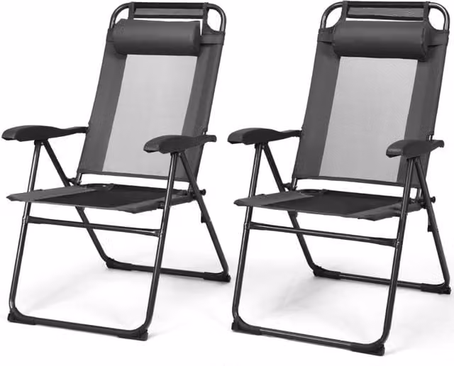 Set di 2 sedie reclinabili pieghevoli da esterno in textilene e acciaio con poggiatesta regolabile e braccioli, Grigio – 1