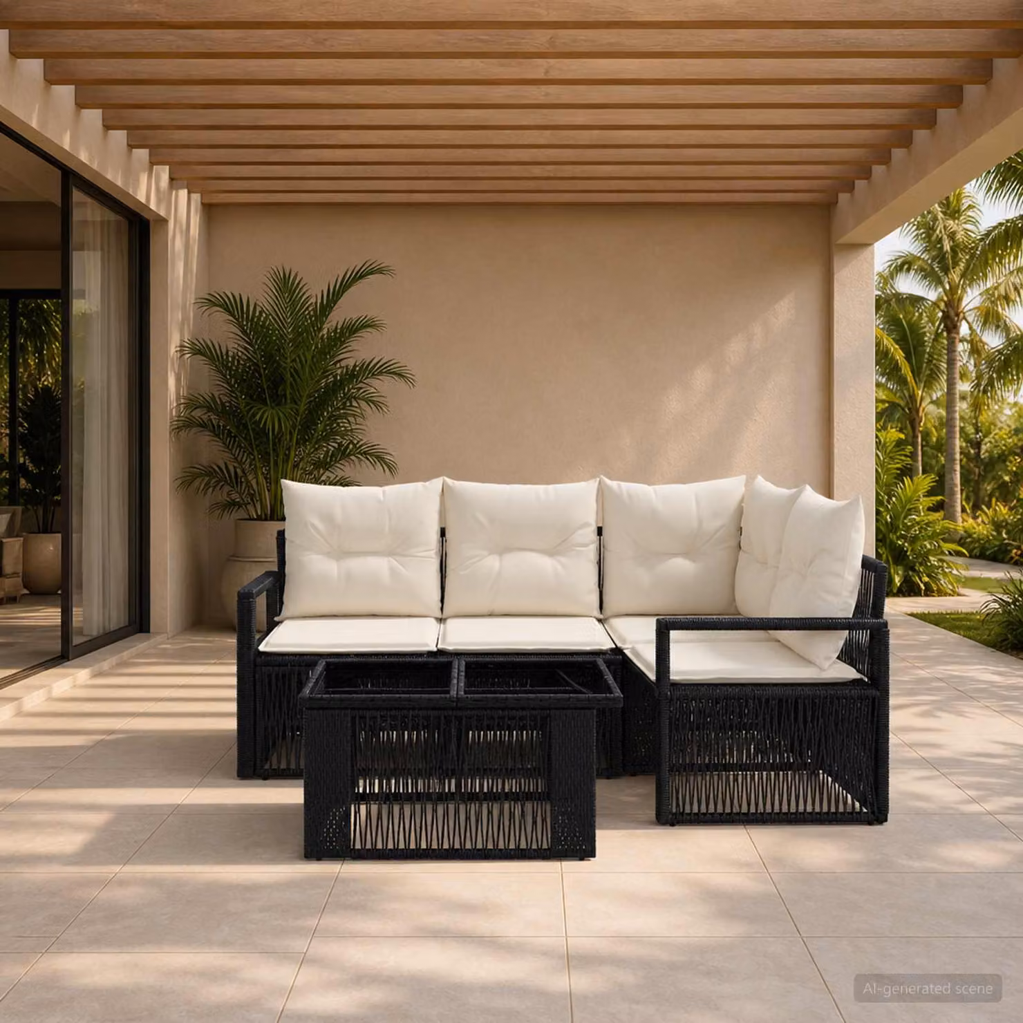Set Divano da Giardino L-Shape vidaXL 5 Pezzi in Polyrattan Nero e Bianco Crema con Tavolino e Cuscini Imbottiti