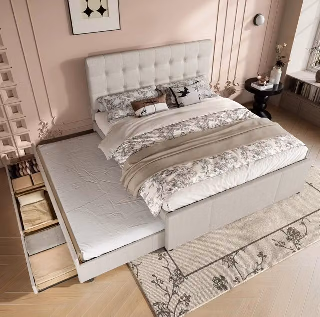 Letto imbottito ULEVR 140x200 cm con letto estraibile, 3 cassetti e testiera regolabile, beige