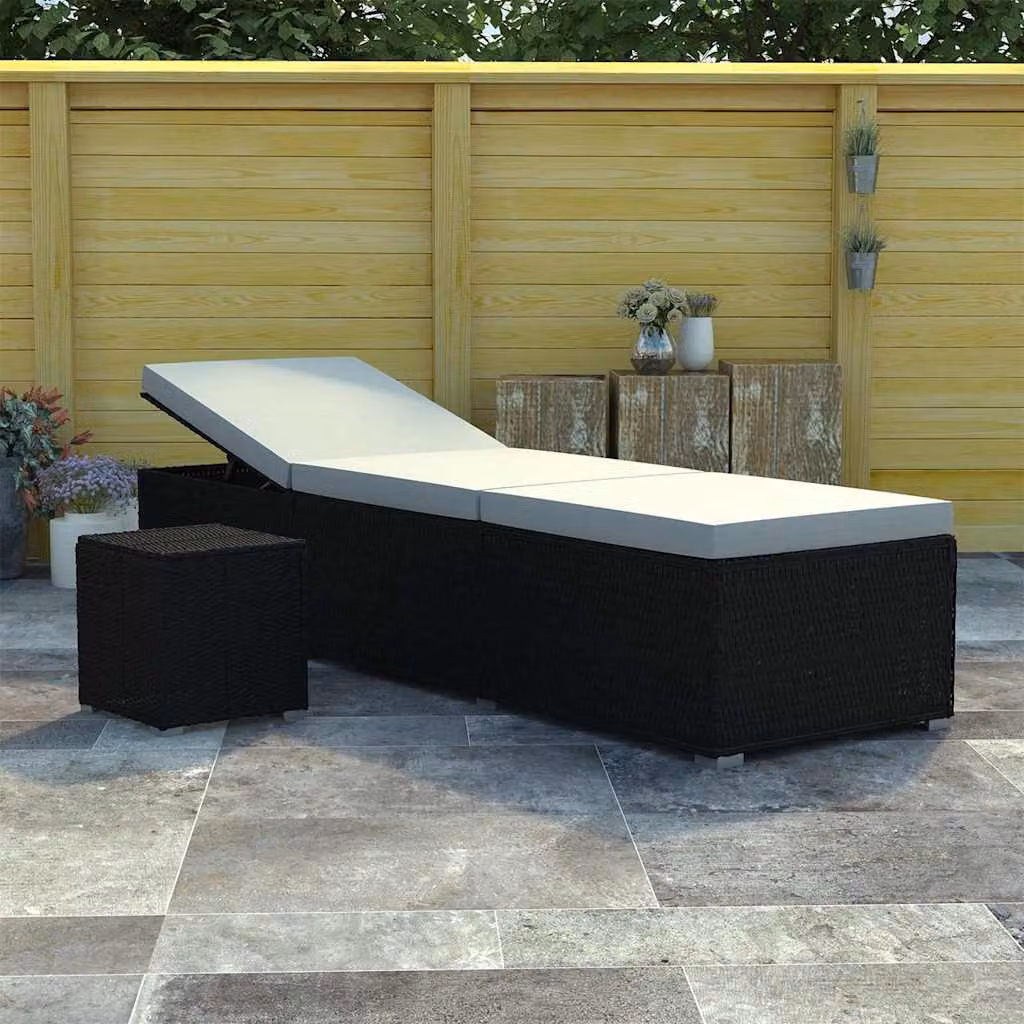 vidaXL Lettino Prendisole in Polyrattan con Cuscino e Tavolino, Bianco e Nero – 1
