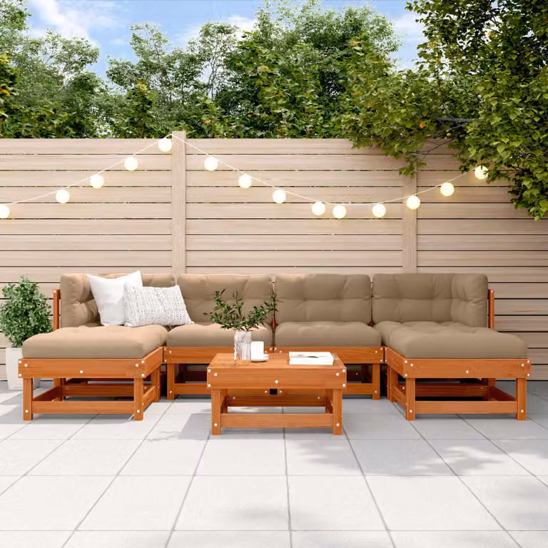 Set Lounge da Giardino vidaXL in Legno di Pino Trattato Marrone con Cuscini e Tavolino da Esterno 7 pz
