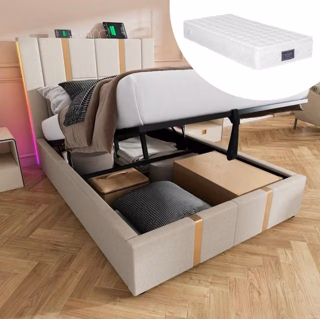 Letto 90x200 cm beige – LED, contenitore e USB-C, con materasso