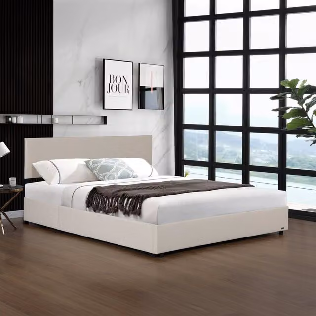 Letto Contenitore Francese Juva Corium in Velluto a Coste Beige L/P: 140 x 200 cm – 1