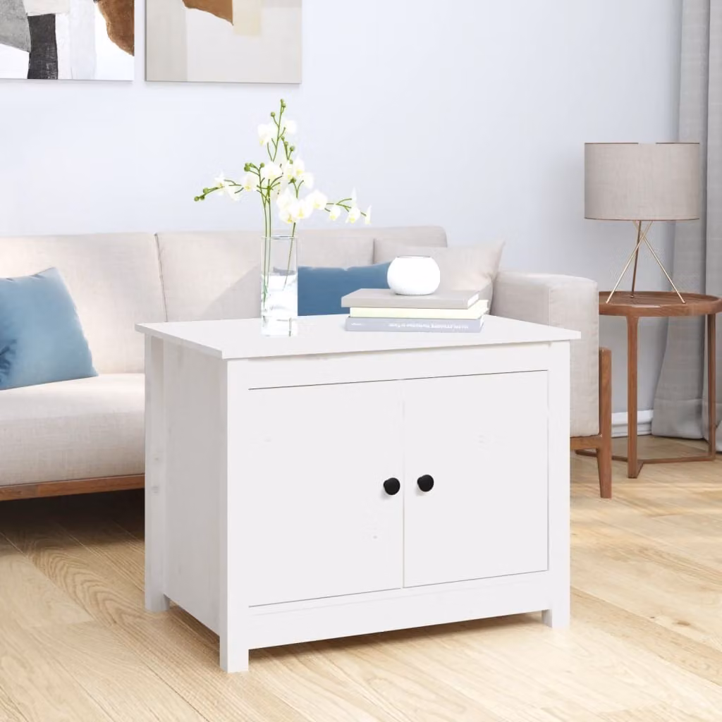 The Living Store Tavolino bianco 71x49x55 cm in legno di pino massiccio