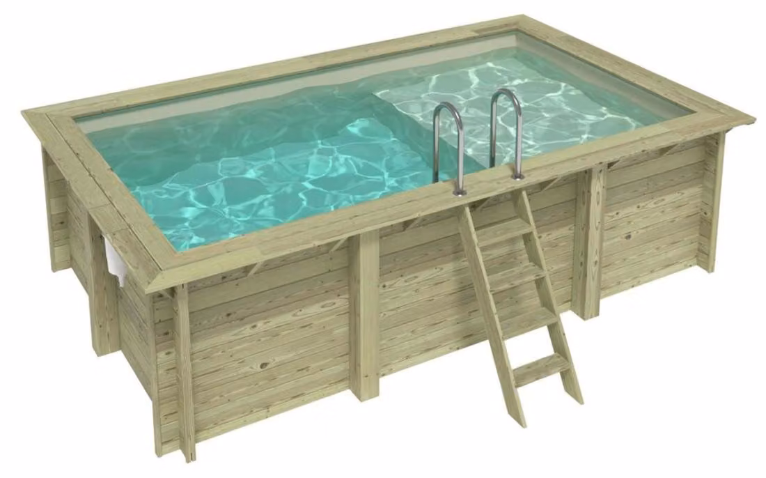 Piscina in legno AQUA 4.65 x 2.85 – H.1.24 m con spiaggia, sabbia, con supporti fissati al calcestruzzo
