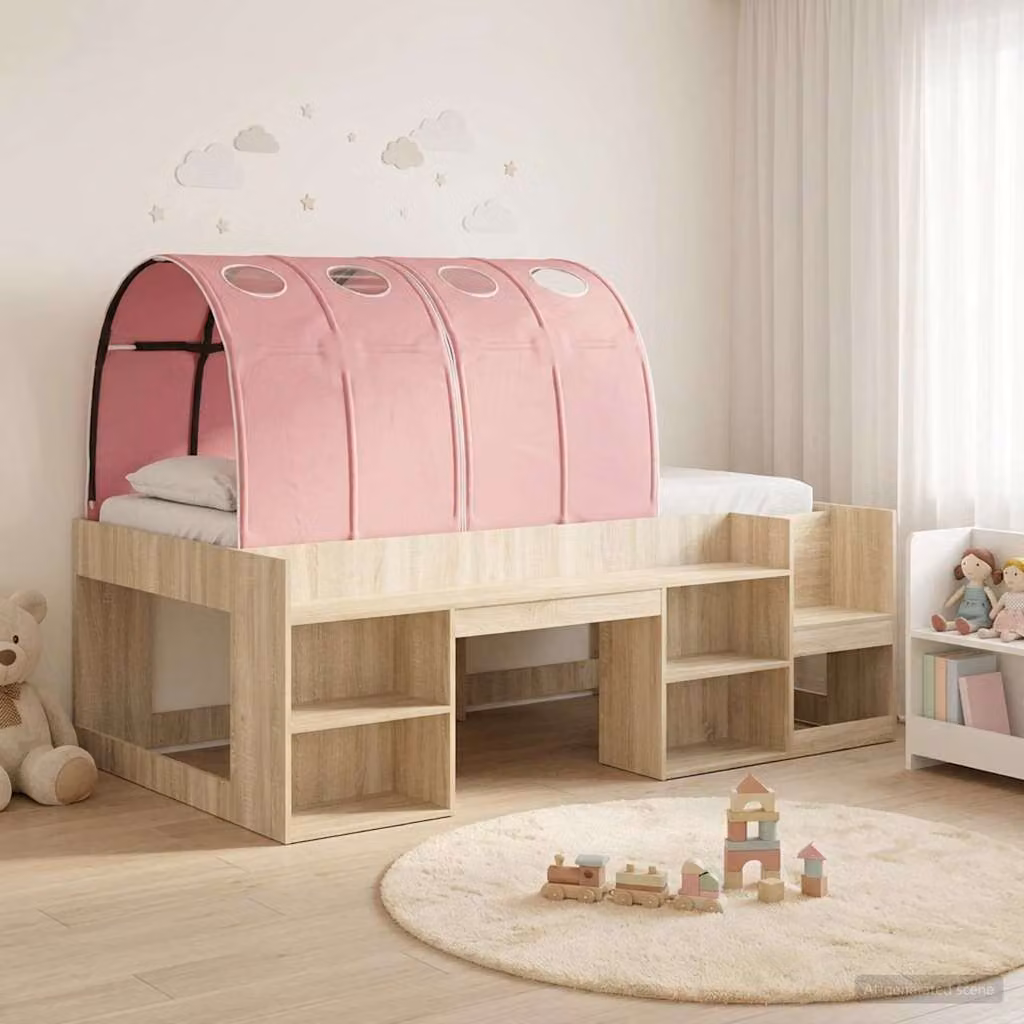 Letto per bambini con tunnel vidaXL in legno ingegnerizzato, colori rosa, beige e marrone, L/P/H: 140 x 70 x 193 cm