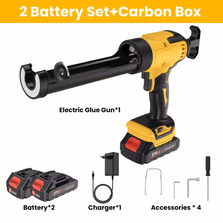 Pistola a cartuccia elettrica - Pistola per silicone a batteria - 6 livelli di velocità - Dispositivo portatile - 2 batterie - Colore giallo