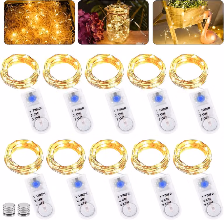 Catena luminosa a LED, 2 metri, 20 LED, luce bianca calda, grado di protezione IP65, con timer, confezione da 6