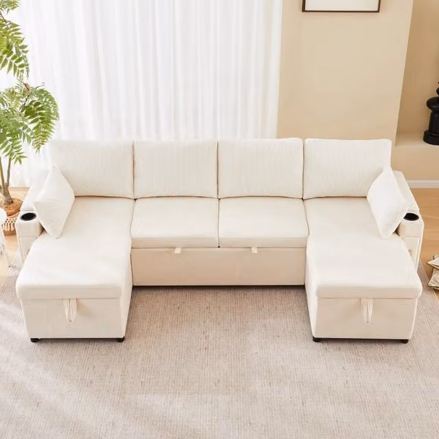 Divano letto angolare a U 272 cm con contenitore e portabicchieri; ciniglia e velluto a coste beige