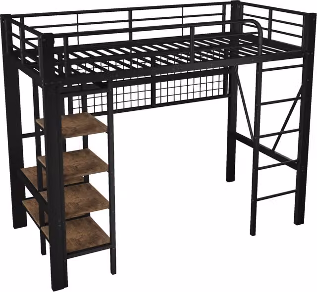 Letto a soppalco 90x200 cm con struttura in ferro, scaffale, rete portaoggetti e barra appendiabiti, con luci LED, senza materasso, nero