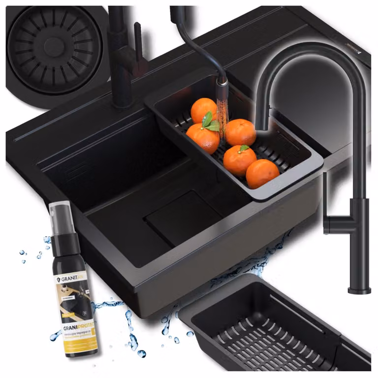 Granitan - Lavello in granito - Lavello da cucina - 80x50x22 cm - Nero - con rubinetteria PRATI, sifone e scolapiatti