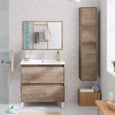 Mobiletto bagno a terra serie Oasi con 2 cassetti, specchio e lavabo in rovere marrone, L: 80 cm, H: 68 cm, P: 45 cm