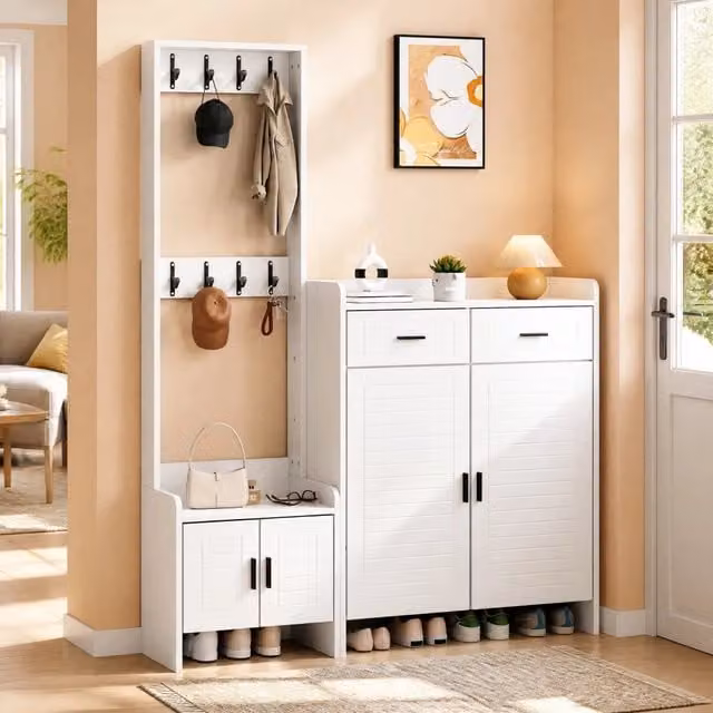 Mobile da ingresso OKWISH moderno in bianco con 2 cassetti, 2 ante, 6 ripiani e 8 ganci, L: 125 cm, P: 32 cm, H: 165 cm