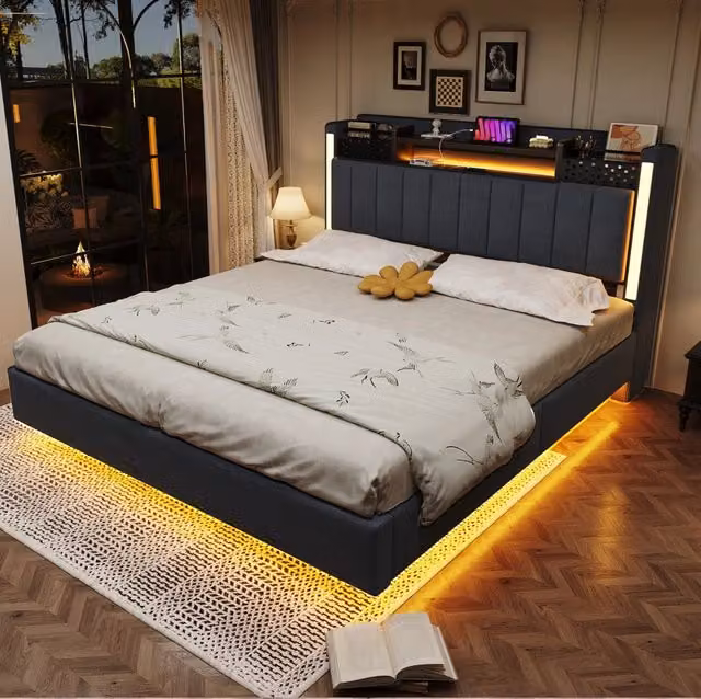 Letto imbottito 140x200 con LED; USB e testiera con contenitore; grigio