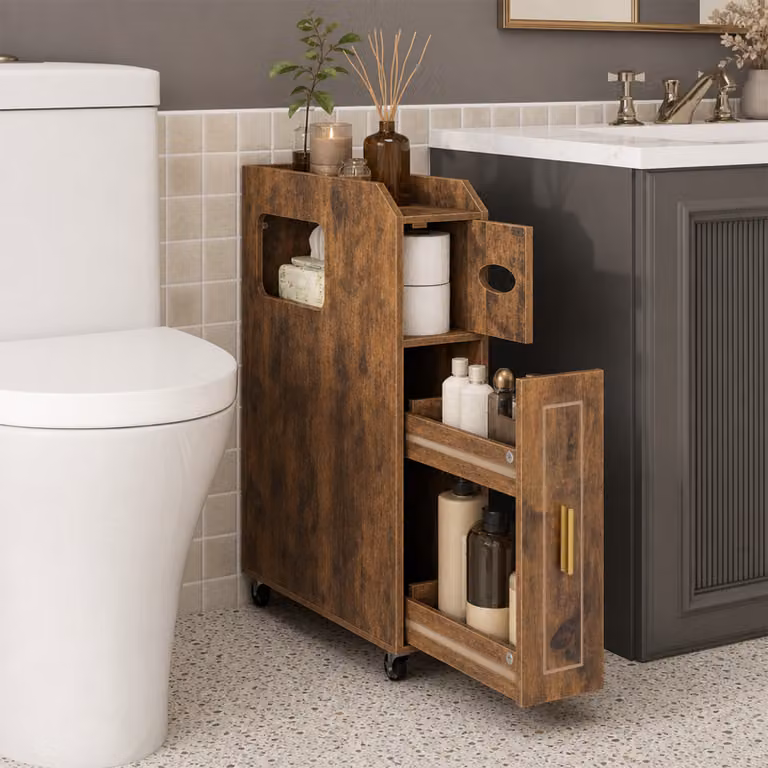 Mobiletto da bagno stretto e slim Costway con portascopino e ruote con freno, Marrone