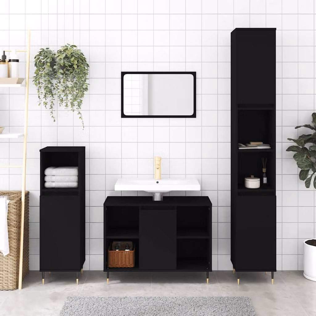 Mobile da bagno vidaXL in stile industriale nero con ante a cerniera e ripiani interni, L 80 x P 33 x H 60 cm