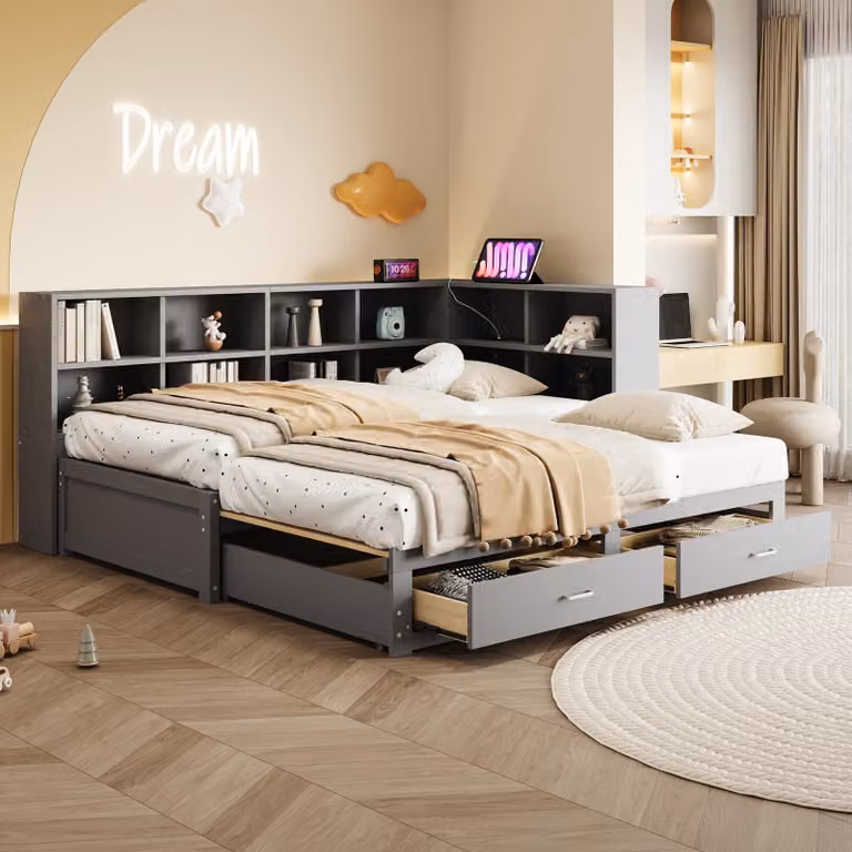 Divano Sweiko in legno massiccio 90/180x190cm, Con letto estraibile, Con vano portaoggetti, Presa Euro multifunzionale, Cassetti, Struttura a doghe, Letto singolo multifunzionale in legno, Grigio