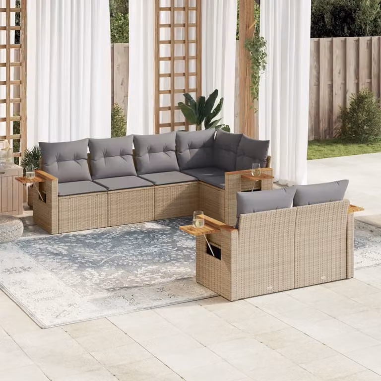 Set di divani da giardino vidaXL in polyrattan grigio con cuscini e tavolino da esterno 7 pezzi
