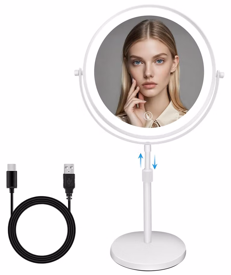 Specchio da trucco con illuminazione a LED, ingrandimento 10x, regolabile in altezza, sensore touch