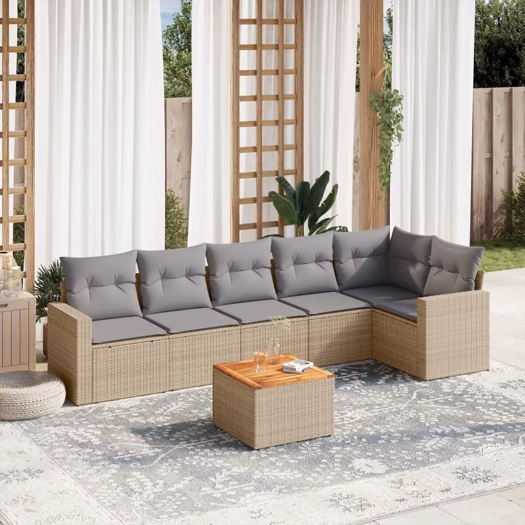 Set di divani da giardino vidaXL in polyrattan da 7 pezzi con cuscini beige e tavolino da esterno a forma di L – 1