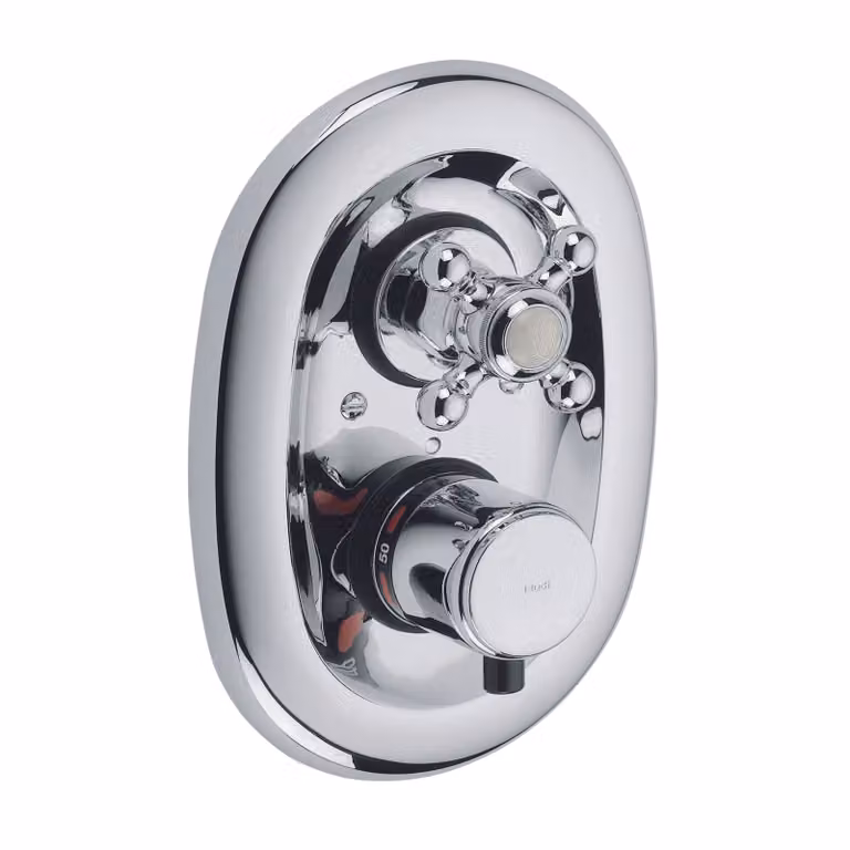KLUDI 1926 : robinetterie thermostatique encastrée, poignée en croix, limiteur d'eau chaude à 40 °C, avec robinet d'arrêt, 517200520, 517200520