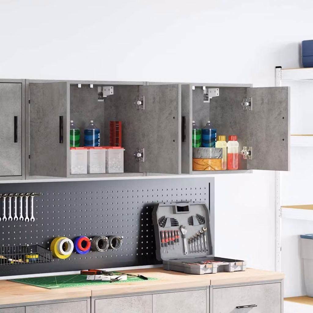 Set di 2 pensili da garage vidaXL in stile industriale, colore grigio cemento, in legno e MDF con ante a battente e ripiani interni, montaggio a parete