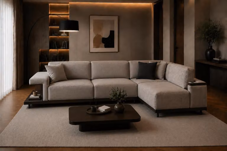 Divano angolare grigio contemporaneo, divano imbottito a forma di L