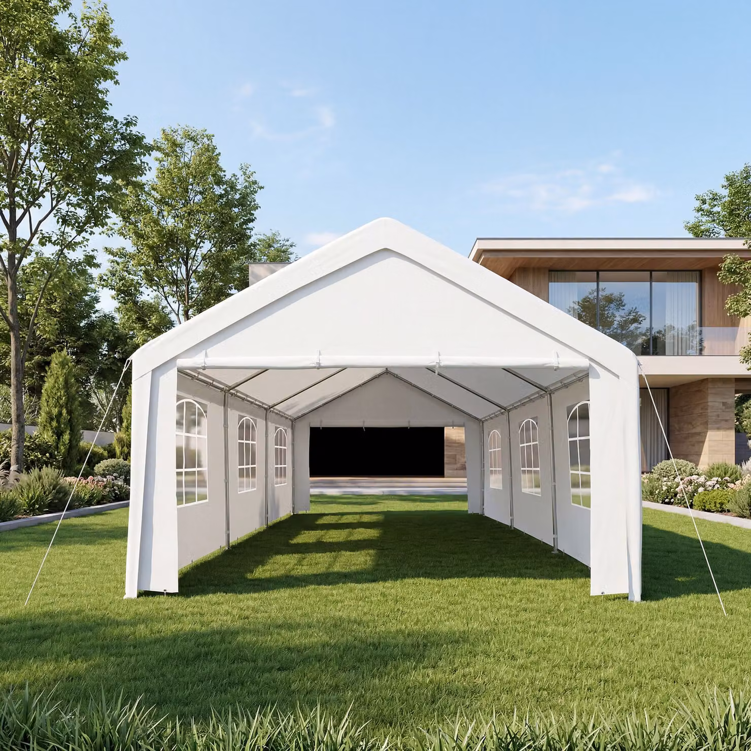 Gazebo da giardino Tectake bianco con pareti laterali e finestre in acciaio galvanizzato e poliestere L: 600 cm, P: 400 cm, H: 310 cm – 2
