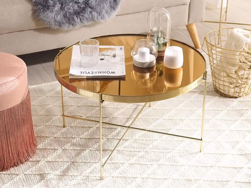Tavolino rotondo Beliani in vetro temperato marrone e oro con gambe in metallo dorato stile glamour lucido – 2