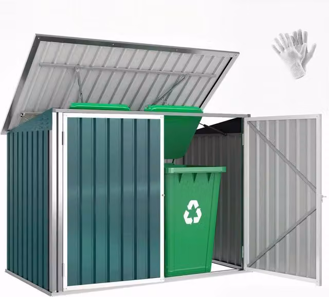 Copribidone da Esterno per 2 Bidoni in Acciaio Zincato Verde, Box con Doppia Porta e Coperchio Pneumatico, Robusto per Giardino, 180x108x130cm