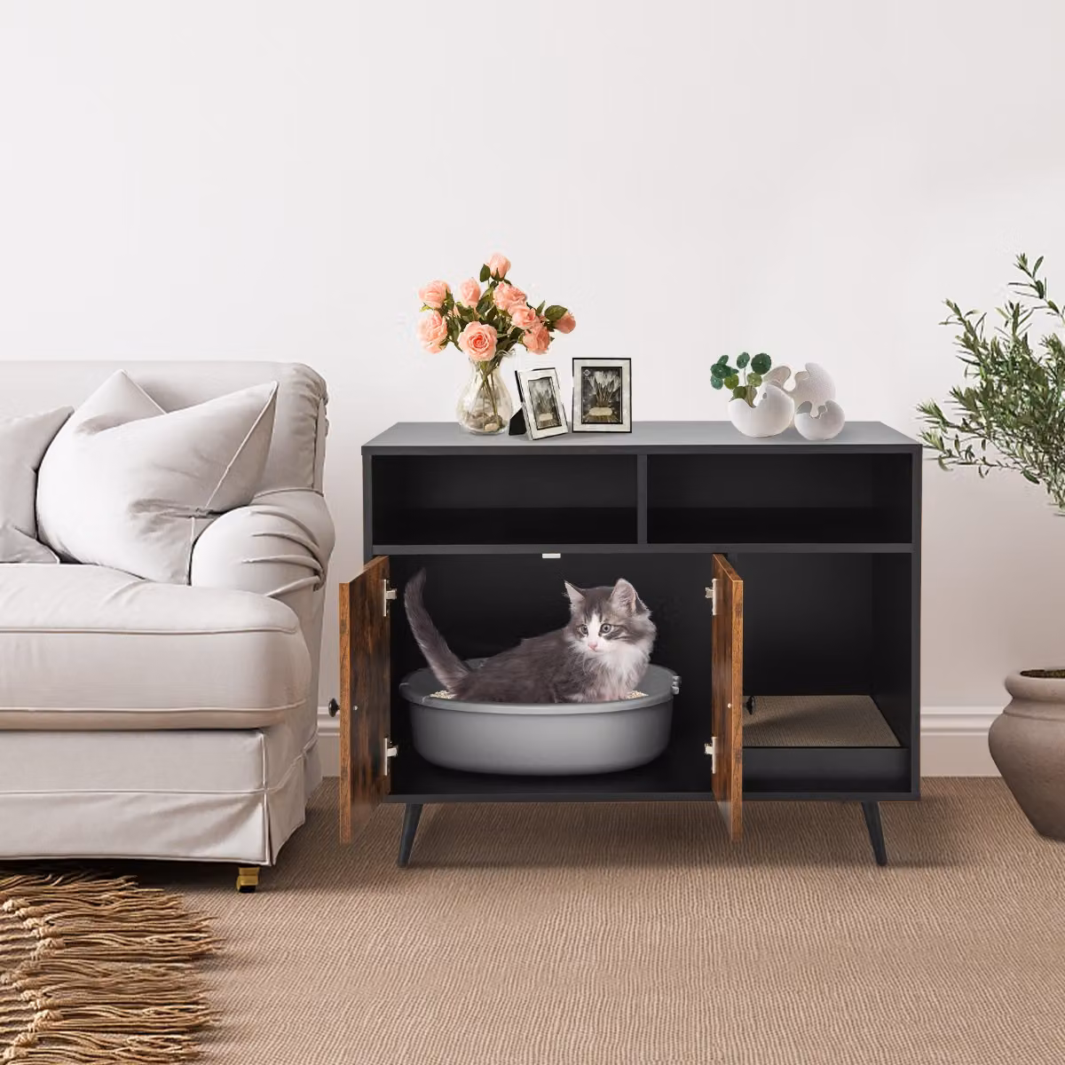 Costway Recinto per lettiera per gatti in legno e metallo nero con tiragraffi in sisal sostituibile