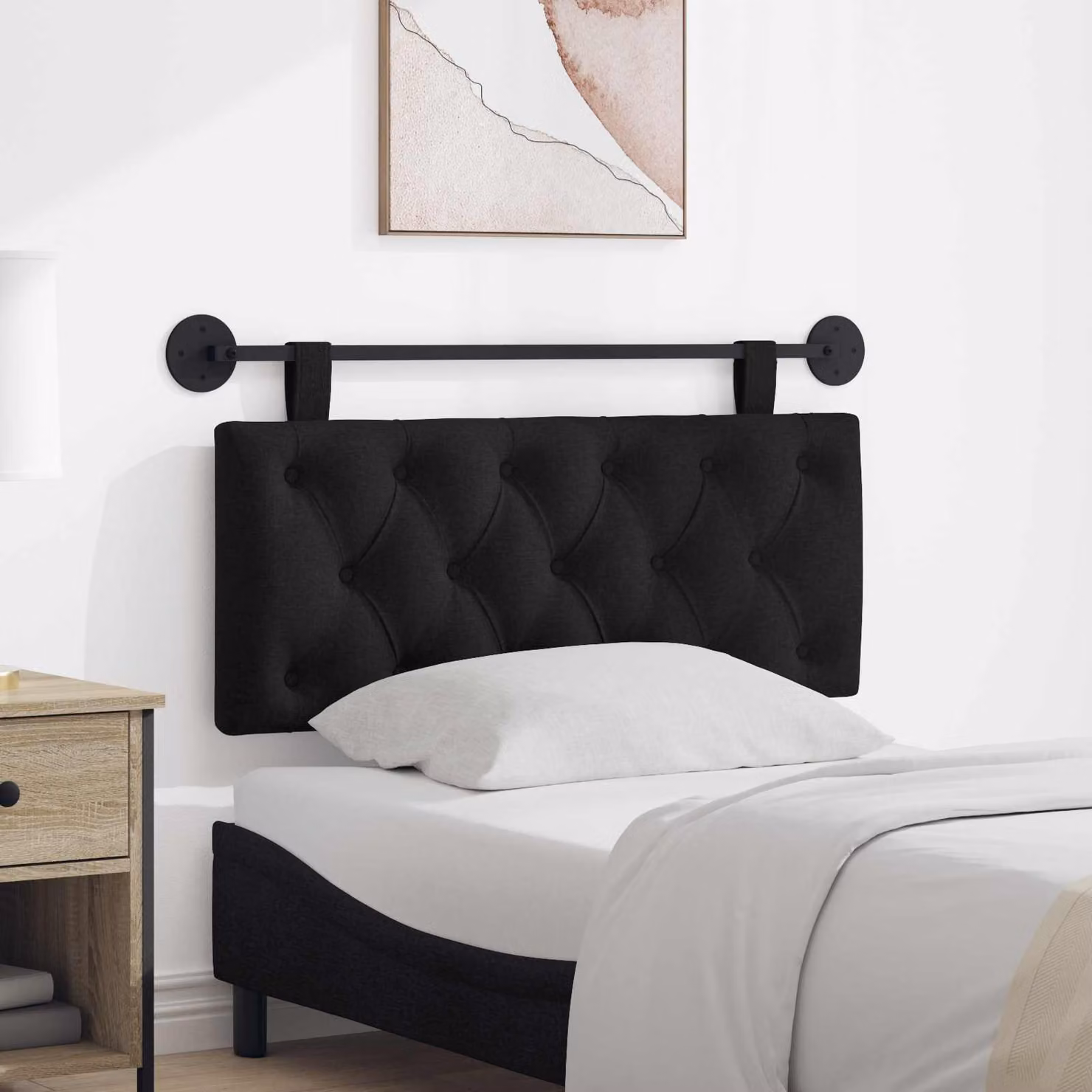 Testiera per letto sospesa vidaXL in tessuto nero con pannello imbottito e struttura in legno e metallo L: 110 cm, H: 55 cm, P: 7 cm