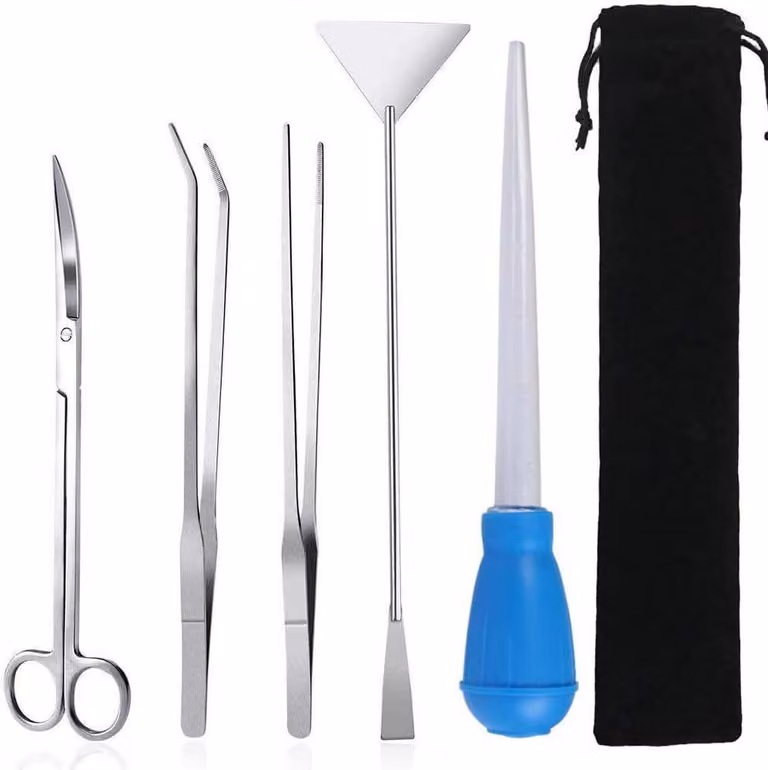 Set di strumenti per acquario, 5 in 1, in acciaio inossidabile, composto da pinzette, forbici, spatola e pipetta, ideale per acquari