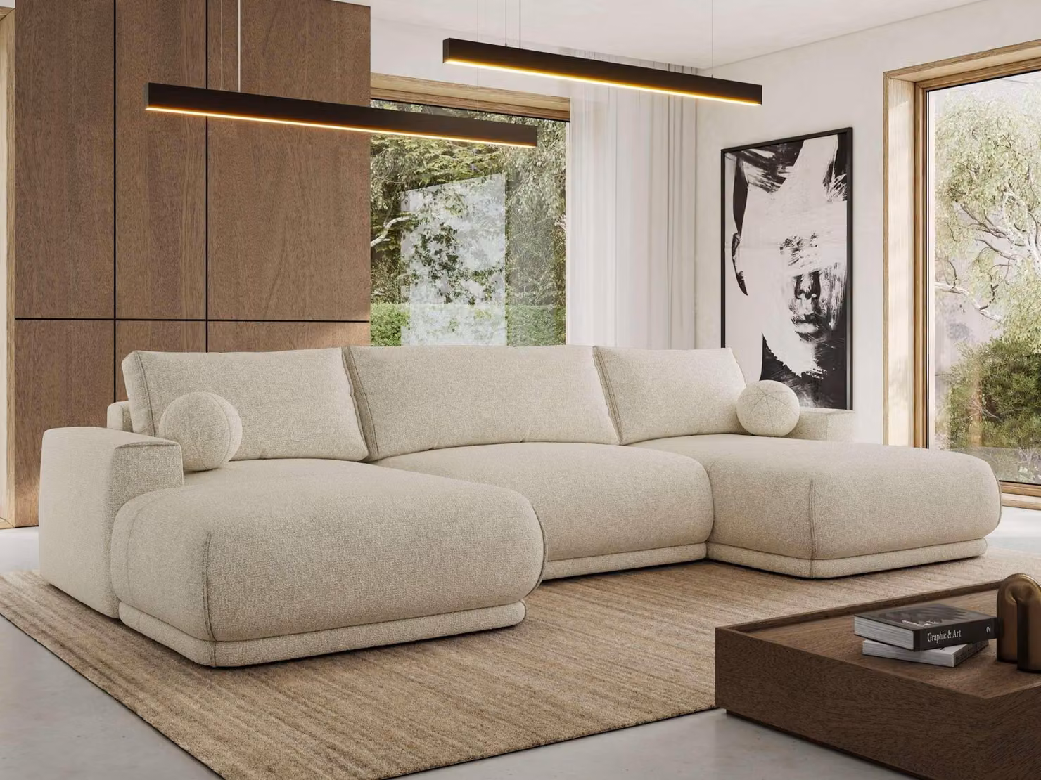 MKS MEBLE Divano ad angolo XXL RINA, divano componibile a forma di U con funzione letto e molle ondulate, funzione letto DL - Crema Strutturato