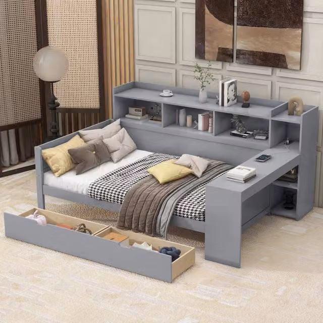 Letto divano singolo OKWISH grigio con scrivania, 2 cassetti e porte USB, L/P: 90 x 200 cm