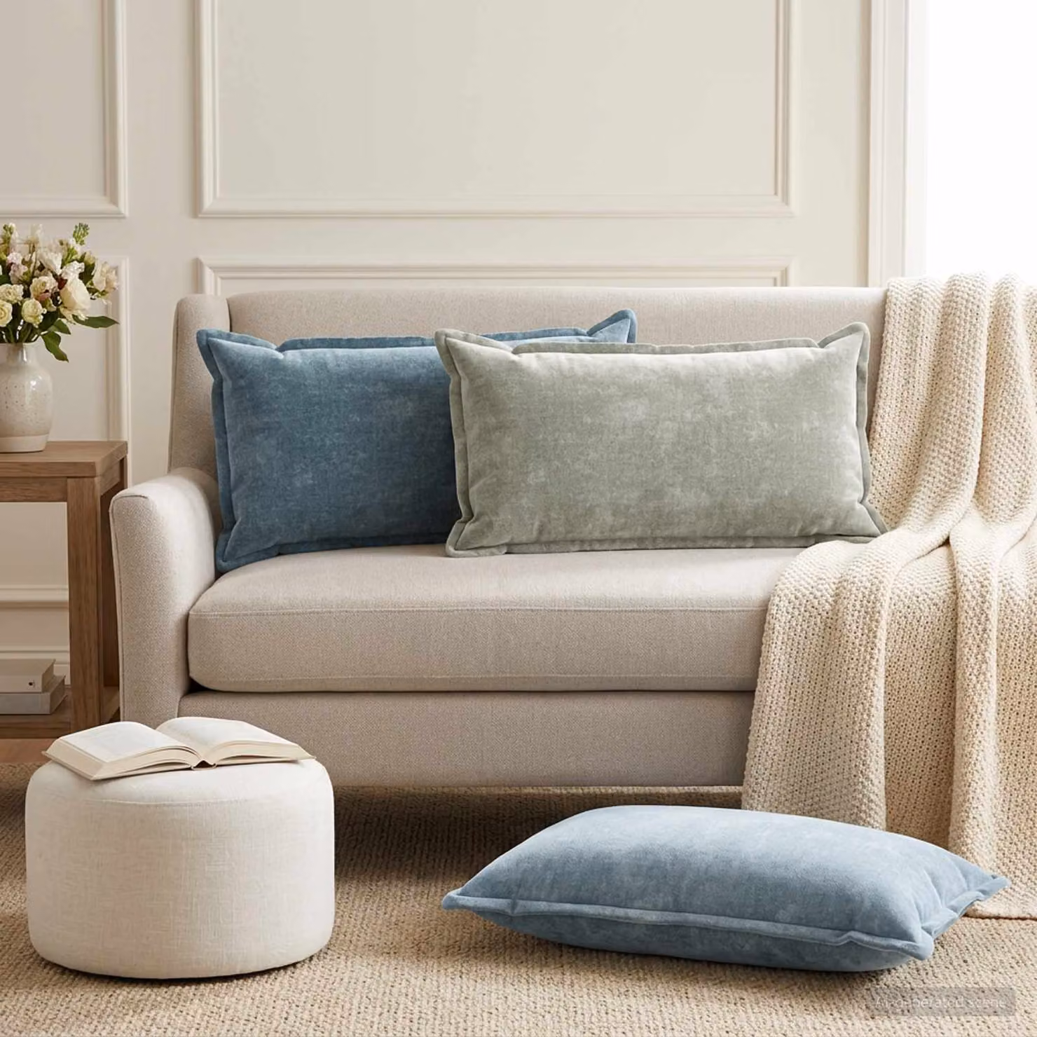 Set di 2 federe vidaXL HOUTEN in tessuto chenille azzurro, L 40 cm x P 80 cm