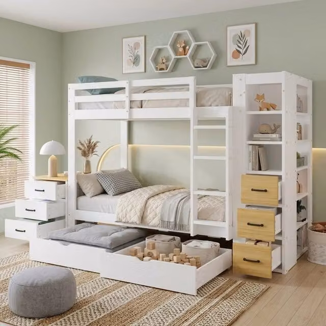 Letto a castello in legno bianco 90x200 cm con 2 cassettoni e scaffale laterale