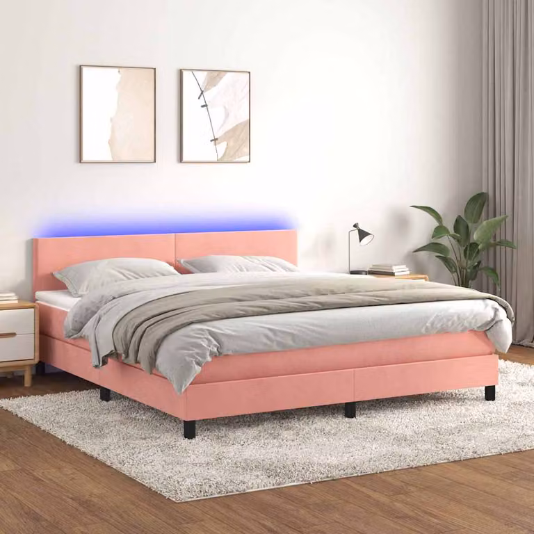 Letto a Molle con Materasso vidaXL in Velluto Rosa con Illuminazione LED e Porte USB L/P/H: 160 x 200 cm