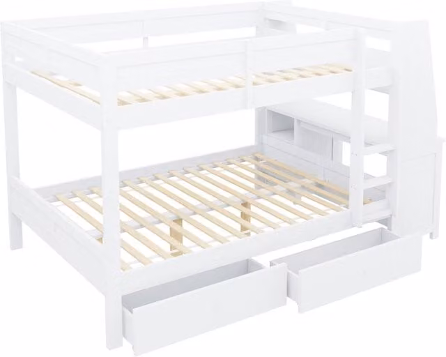 Letto a castello moderno per bambini in legno e metallo bianco con scrivania, armadio, ripiani e 2 cassetti, L/P/H: 236 x 140 x 200 cm