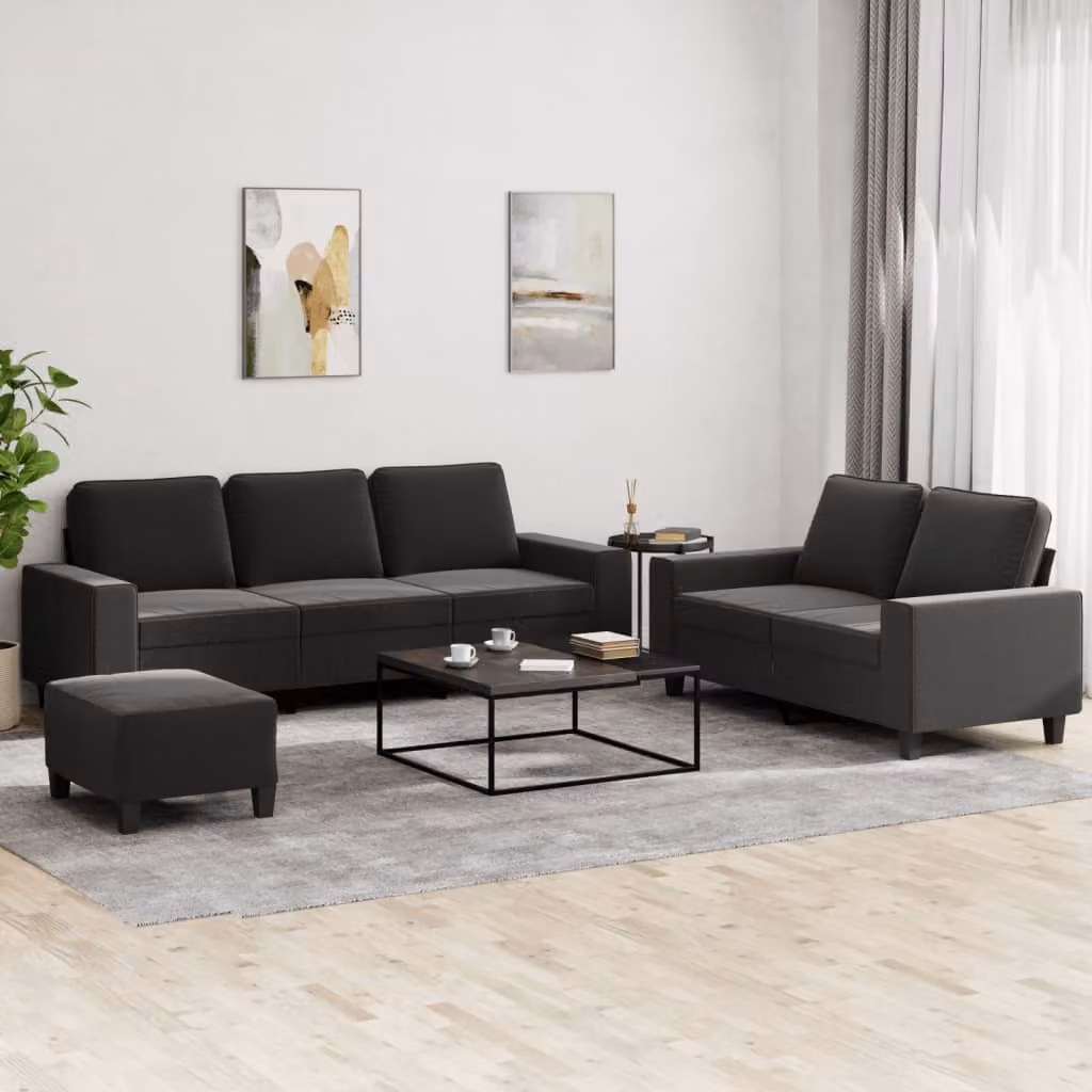 Set di divani 3 pezzi vidaXL in tessuto nero con pouf e cuscini per soggiorno moderno – 1